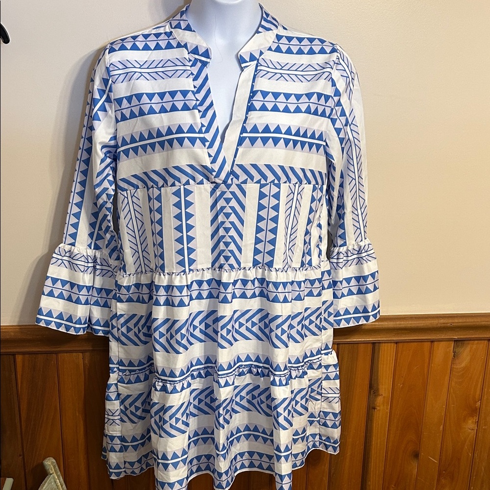 Blue and White Geometric Pattern Dress